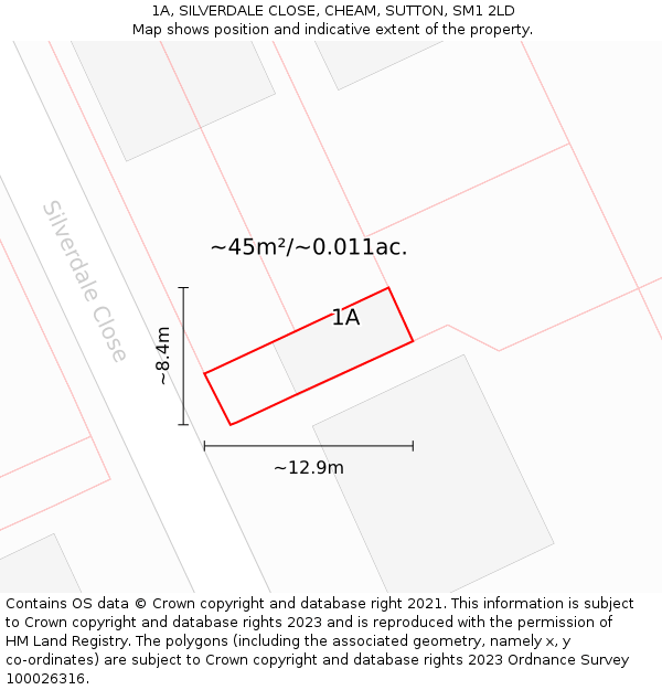 1A, SILVERDALE CLOSE, CHEAM, SUTTON, SM1 2LD: Plot and title map