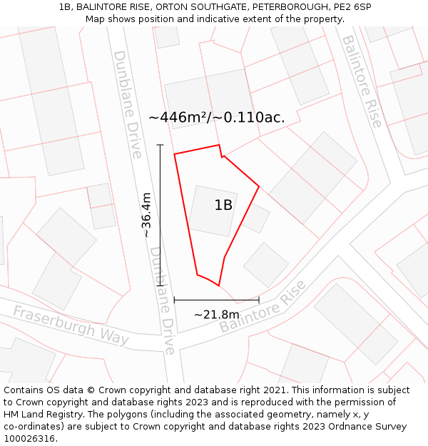 1B, BALINTORE RISE, ORTON SOUTHGATE, PETERBOROUGH, PE2 6SP: Plot and title map