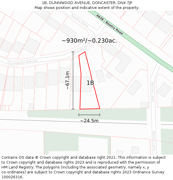 1B, DUNNIWOOD AVENUE, DONCASTER, DN4 7JP: Plot and title map