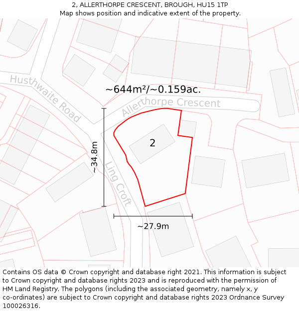 2, ALLERTHORPE CRESCENT, BROUGH, HU15 1TP: Plot and title map