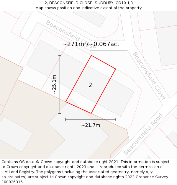 2, BEACONSFIELD CLOSE, SUDBURY, CO10 1JR: Plot and title map