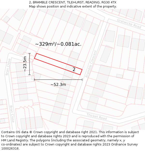 2, BRAMBLE CRESCENT, TILEHURST, READING, RG30 4TX: Plot and title map