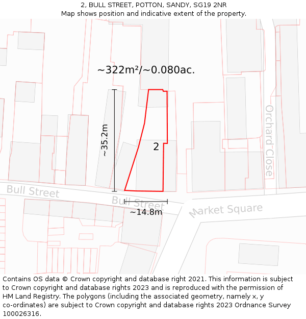 2, BULL STREET, POTTON, SANDY, SG19 2NR: Plot and title map