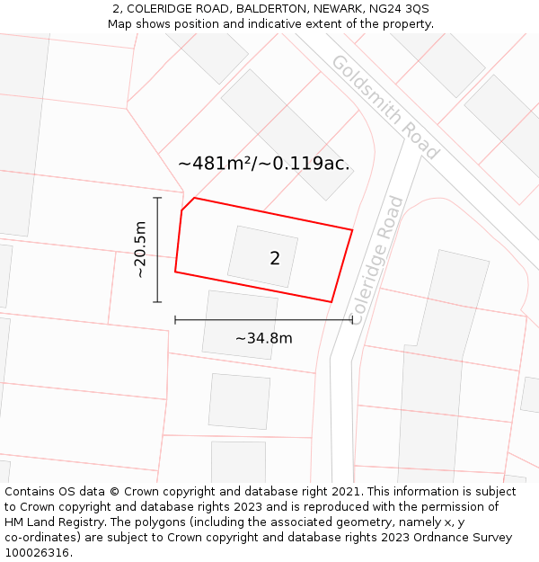 2, COLERIDGE ROAD, BALDERTON, NEWARK, NG24 3QS: Plot and title map