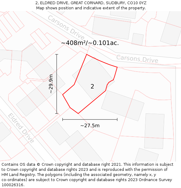 2, ELDRED DRIVE, GREAT CORNARD, SUDBURY, CO10 0YZ: Plot and title map