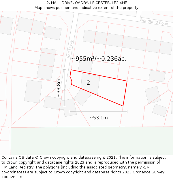 2, HALL DRIVE, OADBY, LEICESTER, LE2 4HE: Plot and title map