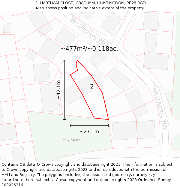 2, HARTHAM CLOSE, GRAFHAM, HUNTINGDON, PE28 0GD: Plot and title map