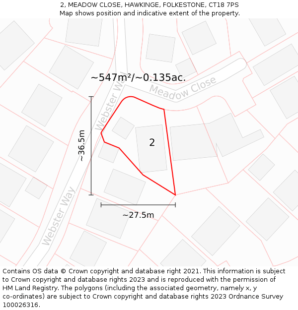 2, MEADOW CLOSE, HAWKINGE, FOLKESTONE, CT18 7PS: Plot and title map