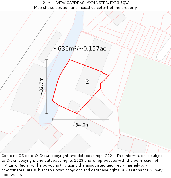 2, MILL VIEW GARDENS, AXMINSTER, EX13 5QW: Plot and title map