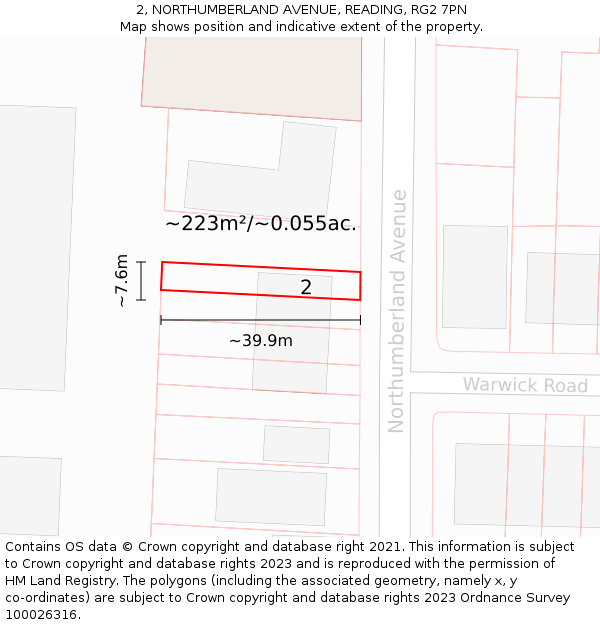 2, NORTHUMBERLAND AVENUE, READING, RG2 7PN: Plot and title map