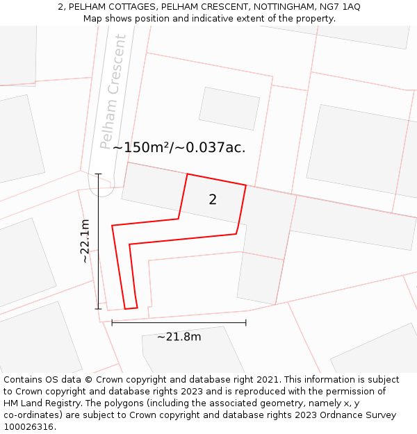 2, PELHAM COTTAGES, PELHAM CRESCENT, NOTTINGHAM, NG7 1AQ: Plot and title map