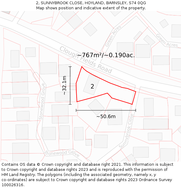 2, SUNNYBROOK CLOSE, HOYLAND, BARNSLEY, S74 0QG: Plot and title map