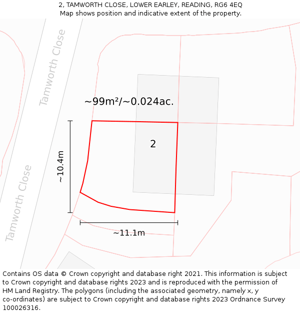 2, TAMWORTH CLOSE, LOWER EARLEY, READING, RG6 4EQ: Plot and title map
