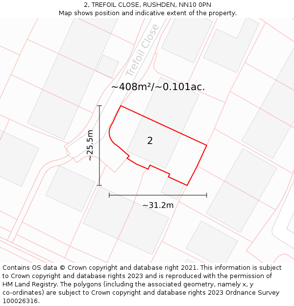 2, TREFOIL CLOSE, RUSHDEN, NN10 0PN: Plot and title map