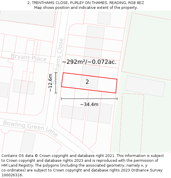 2, TRENTHAMS CLOSE, PURLEY ON THAMES, READING, RG8 8EZ: Plot and title map