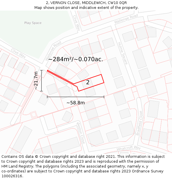 2, VERNON CLOSE, MIDDLEWICH, CW10 0QR: Plot and title map