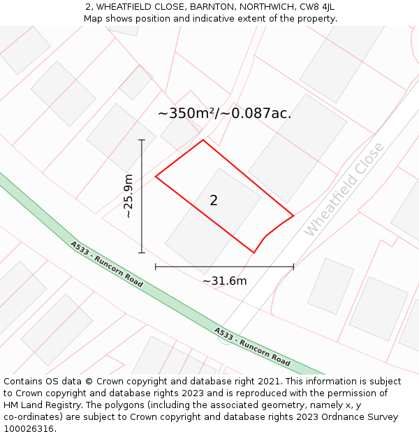 2, WHEATFIELD CLOSE, BARNTON, NORTHWICH, CW8 4JL: Plot and title map