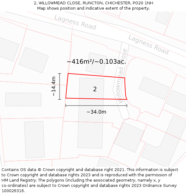 2, WILLOWMEAD CLOSE, RUNCTON, CHICHESTER, PO20 1NH: Plot and title map
