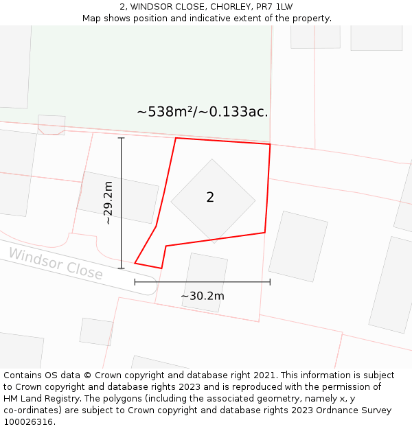 2, WINDSOR CLOSE, CHORLEY, PR7 1LW: Plot and title map