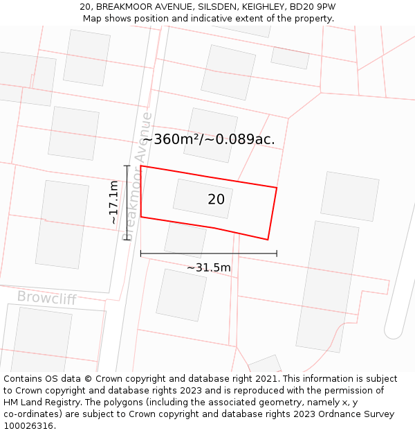 20, BREAKMOOR AVENUE, SILSDEN, KEIGHLEY, BD20 9PW: Plot and title map