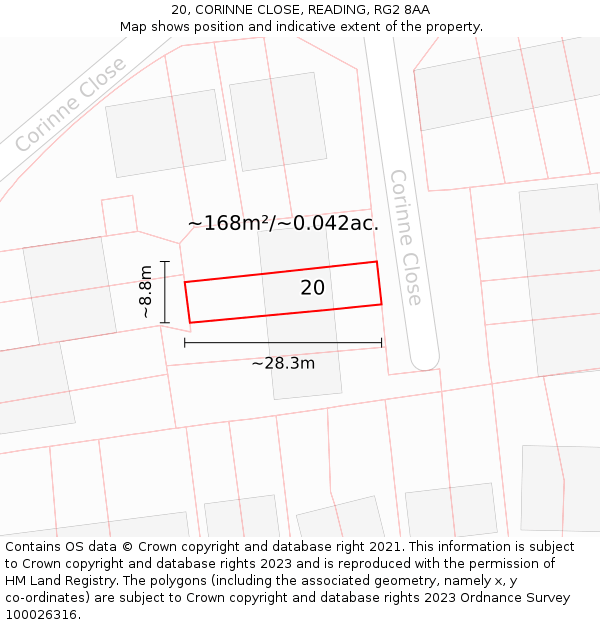 20, CORINNE CLOSE, READING, RG2 8AA: Plot and title map
