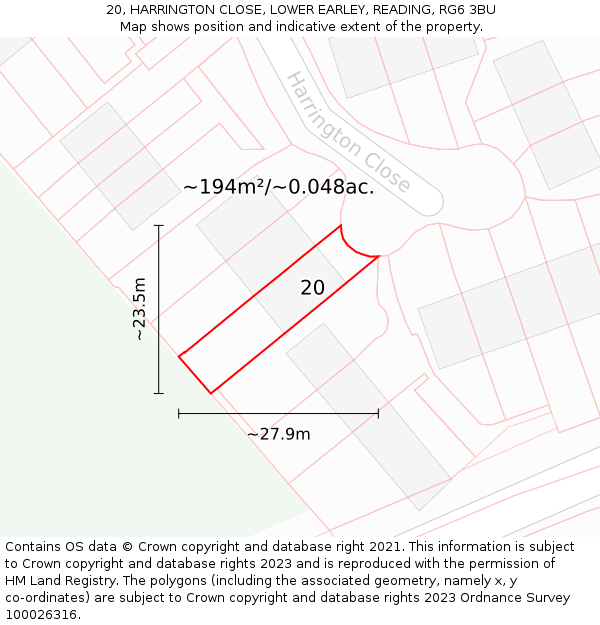 20, HARRINGTON CLOSE, LOWER EARLEY, READING, RG6 3BU: Plot and title map