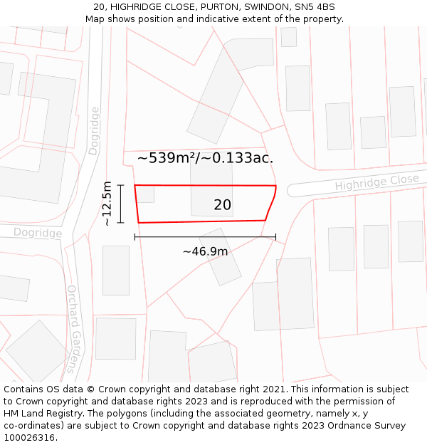 20, HIGHRIDGE CLOSE, PURTON, SWINDON, SN5 4BS: Plot and title map