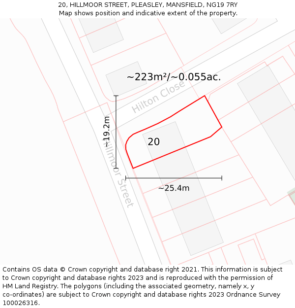 20, HILLMOOR STREET, PLEASLEY, MANSFIELD, NG19 7RY: Plot and title map