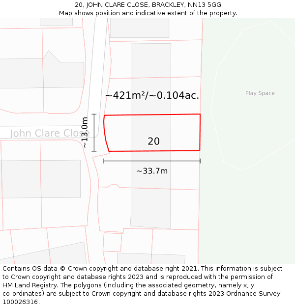 20, JOHN CLARE CLOSE, BRACKLEY, NN13 5GG: Plot and title map