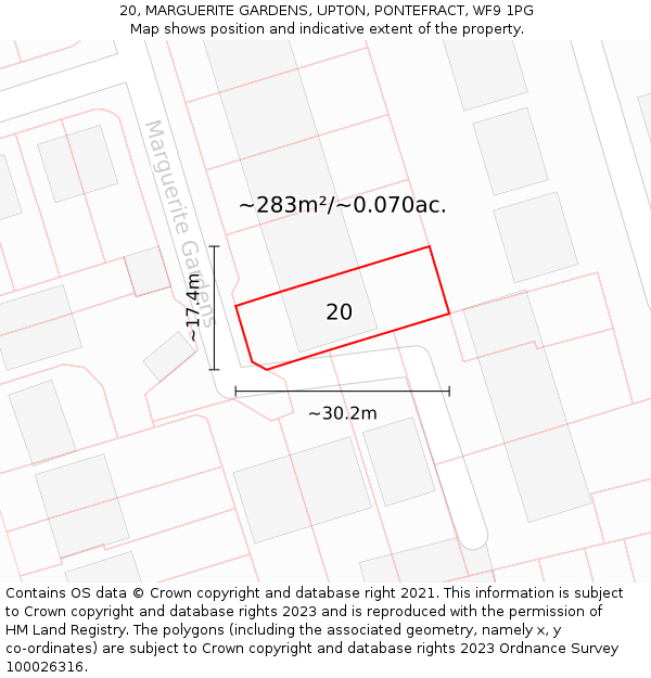 20, MARGUERITE GARDENS, UPTON, PONTEFRACT, WF9 1PG: Plot and title map