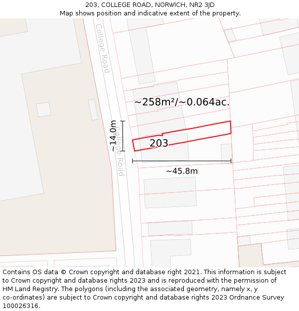 203, COLLEGE ROAD, NORWICH, NR2 3JD: Plot and title map