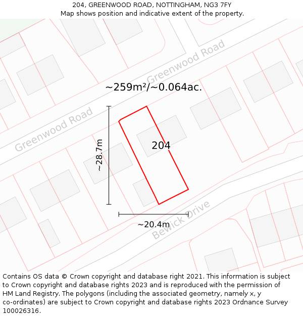 204, GREENWOOD ROAD, NOTTINGHAM, NG3 7FY: Plot and title map
