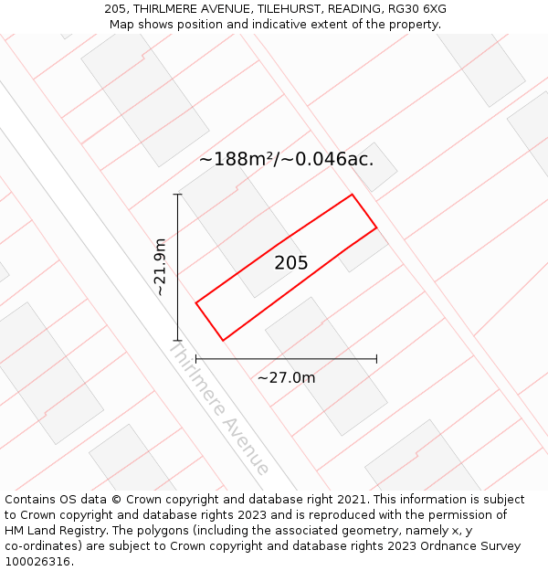 205, THIRLMERE AVENUE, TILEHURST, READING, RG30 6XG: Plot and title map