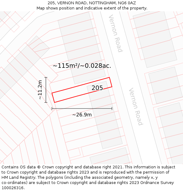 205, VERNON ROAD, NOTTINGHAM, NG6 0AZ: Plot and title map