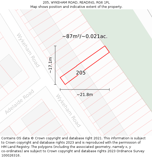 205, WYKEHAM ROAD, READING, RG6 1PL: Plot and title map