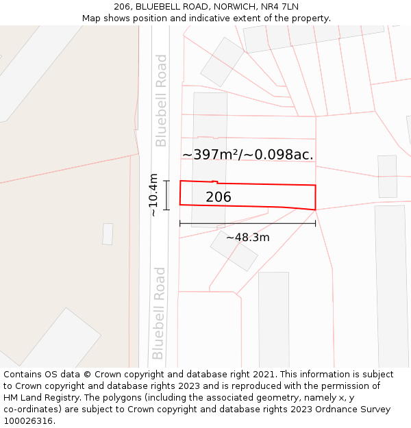 206, BLUEBELL ROAD, NORWICH, NR4 7LN: Plot and title map