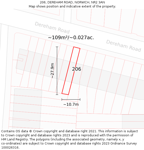 206, DEREHAM ROAD, NORWICH, NR2 3AN: Plot and title map