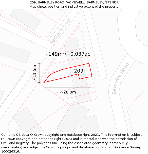 209, BARNSLEY ROAD, WOMBWELL, BARNSLEY, S73 8DR: Plot and title map