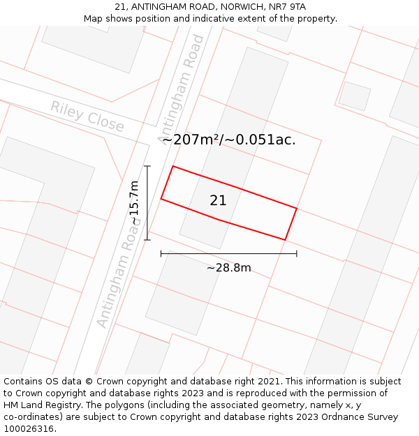 21, ANTINGHAM ROAD, NORWICH, NR7 9TA: Plot and title map
