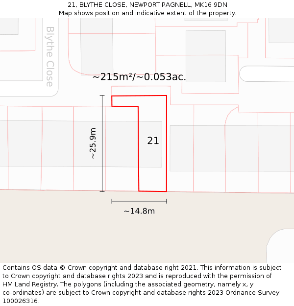 21, BLYTHE CLOSE, NEWPORT PAGNELL, MK16 9DN: Plot and title map