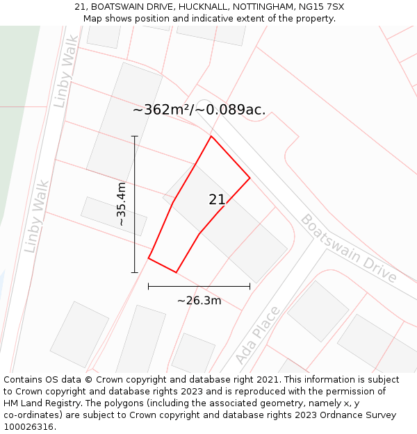 21, BOATSWAIN DRIVE, HUCKNALL, NOTTINGHAM, NG15 7SX: Plot and title map