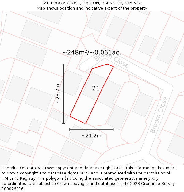 21, BROOM CLOSE, DARTON, BARNSLEY, S75 5PZ: Plot and title map