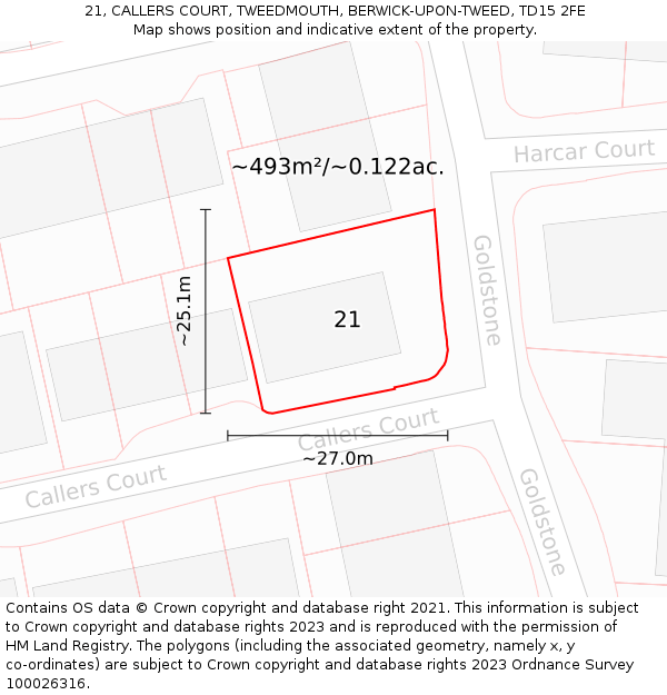 21, CALLERS COURT, TWEEDMOUTH, BERWICK-UPON-TWEED, TD15 2FE: Plot and title map
