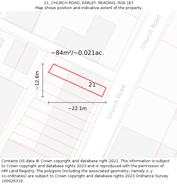 21, CHURCH ROAD, EARLEY, READING, RG6 1EY: Plot and title map