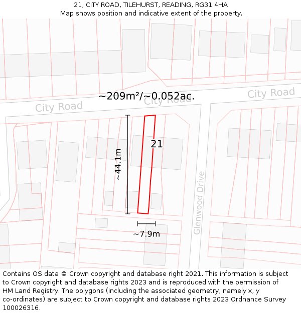 21, CITY ROAD, TILEHURST, READING, RG31 4HA: Plot and title map