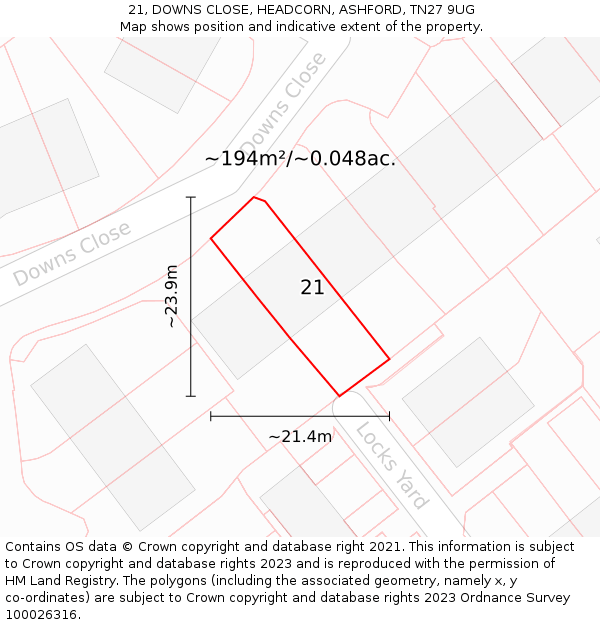 21, DOWNS CLOSE, HEADCORN, ASHFORD, TN27 9UG: Plot and title map