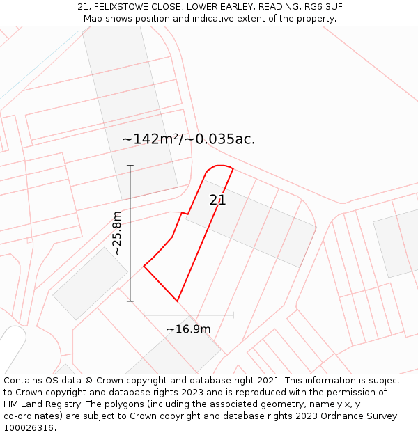 21, FELIXSTOWE CLOSE, LOWER EARLEY, READING, RG6 3UF: Plot and title map