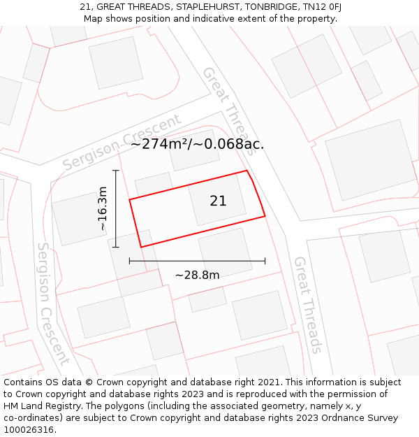 21, GREAT THREADS, STAPLEHURST, TONBRIDGE, TN12 0FJ: Plot and title map