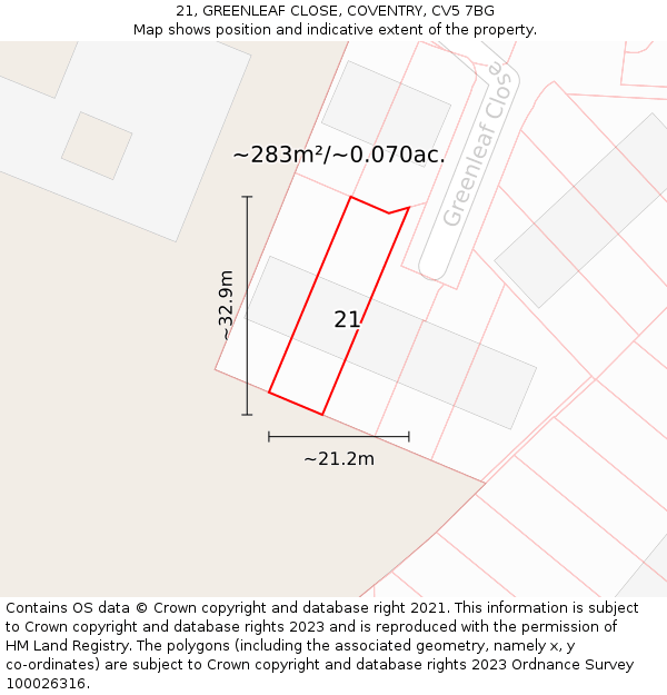 21, GREENLEAF CLOSE, COVENTRY, CV5 7BG: Plot and title map