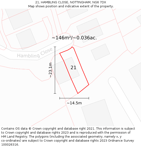 21, HAMBLING CLOSE, NOTTINGHAM, NG6 7DX: Plot and title map